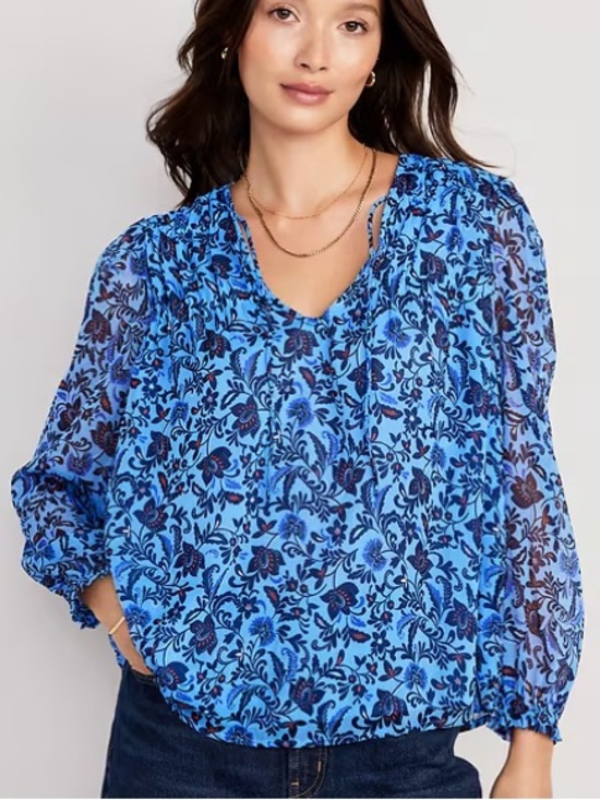 Old Navy Tops - Old Navy Womn XXL Blue Floral Boho Peasant Chiffon Smocked Poet Swing Blouse NWT